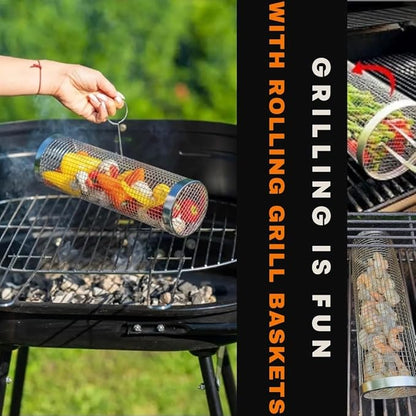 Rolling Grilling Basket for Outdoor Grilling - 2PCS - Stainless Steel BBQ Accessories, Grill Accessories for Outdoor Grill & Camping Cooking, The Perfect Way to Grill Vegetables