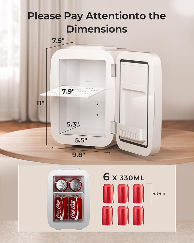 BEICHEN Mini Fridge, 4 Liter/6 Can Portable Refrigerator for Bedroom Office Dorm Car– Fast Cooling, Low Noise, 100-125V AC/5-12V USB Small Compact Refrigerator for Skincare, Food, Drinks(White)