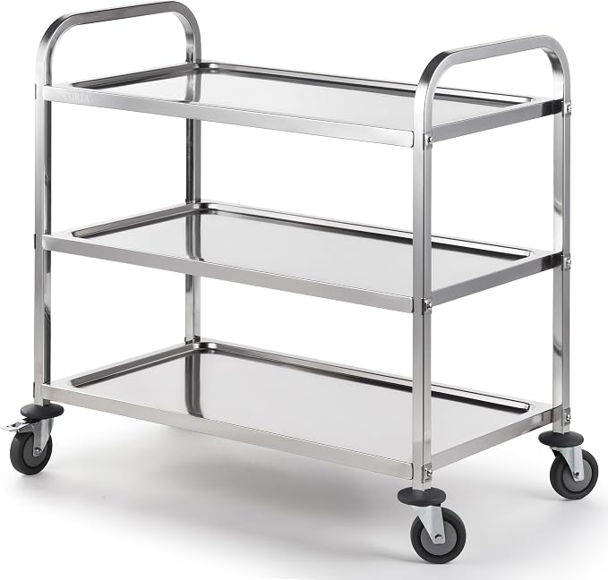 Stainless Steel Serving Trolley, 38" L x 20" W x 37" H 3 Tiered Shelf Kitchen Utility Cart, Rolling Casters Brake Wheel, Commercial Pro for Restaurant/Hotel/Lab/Clinic/Salon/Workshop