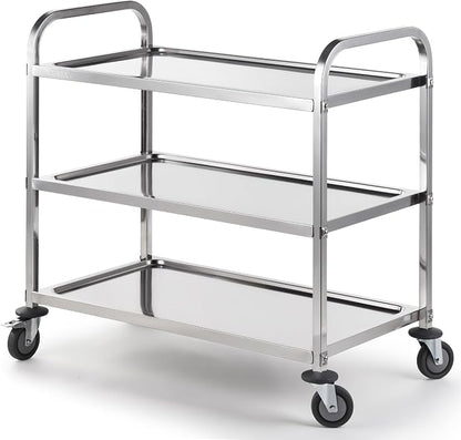 Stainless Steel Serving Trolley, 38" L x 20" W x 37" H 3 Tiered Shelf Kitchen Utility Cart, Rolling Casters Brake Wheel, Commercial Pro for Restaurant/Hotel/Lab/Clinic/Salon/Workshop