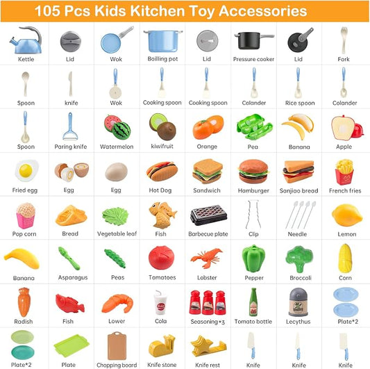 105Pcs Kids Kitchen Toy Accessories, Toddler Pretend BBQ Camping Cooking Playset, Play Pots, Pans, Utensils Cookware Toys, Play Food Set, Vegetables, Learning Gift for Girls Boys
