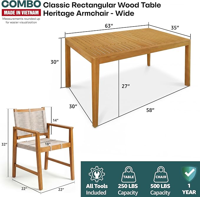 Acacia 7 Pieces Outdoor Dining Set for 6-Person, 63" L Classic Rectangular Table & 6 Handwoven Rope Chairs - Eucalyptus Grandis Solid Wood, Weather Resistant Patio Furniture Set, Natural