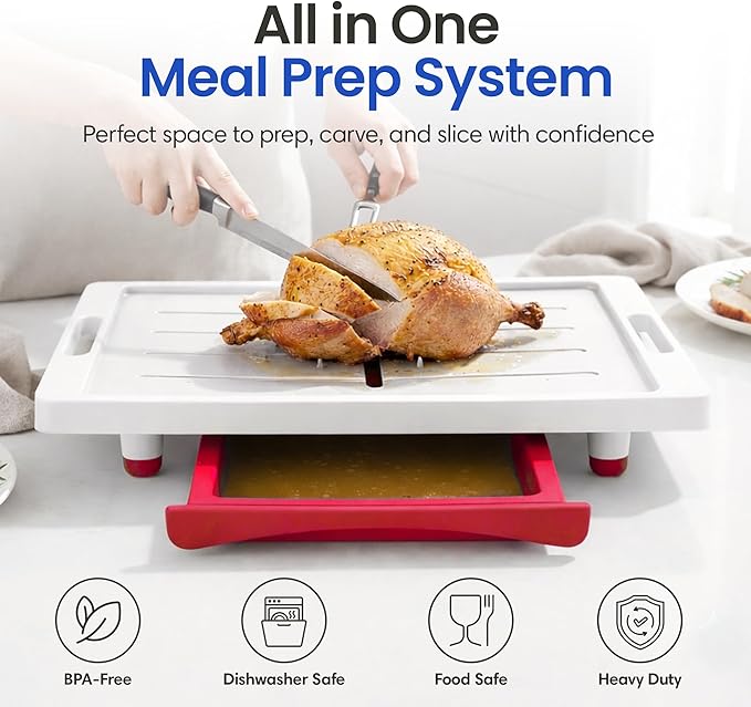 Large Cutting Board - XL Deluxe Meal Prep System with Meat Thermometer, Juice Groove, Spikes, Drip Tray & Removable BPA Free Cutting Board - Patented Multi-Feature Design Carving Board - Kitchen Gifts