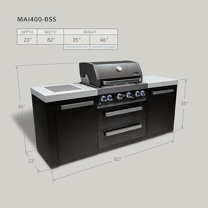 Mont Alpi 82"W x 23"D x 46"H Black Stainless Steel Premium Modular Outdoor Kitchen Island with Side Burner + 32"W 4-Burner BBQ Grill + White Granite Countertops + Storage Cabinets + Drawers + Cover