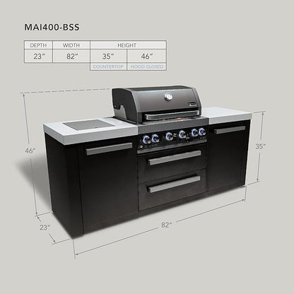 Mont Alpi 82"W x 23"D x 46"H Black Stainless Steel Premium Modular Outdoor Kitchen Island with Side Burner + 32"W 4-Burner BBQ Grill + White Granite Countertops + Storage Cabinets + Drawers + Cover