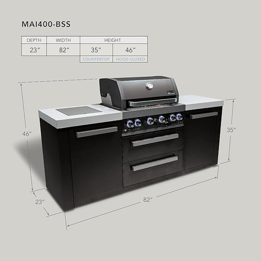 Mont Alpi 82"W x 23"D x 46"H Black Stainless Steel Premium Modular Outdoor Kitchen Island with Side Burner + 32"W 4-Burner BBQ Grill + White Granite Countertops + Storage Cabinets + Drawers + Cover