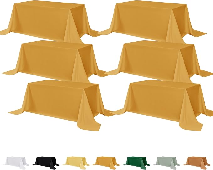 Fitable 6 Pack Gold Tablecloths for Rectangle Tables, 90 x 132 Inch | Wrinkle & Stain Resistant, Washable Polyester Fabric, For Wedding Party Banquet Formal Events Fall Thanksgiving Harvest