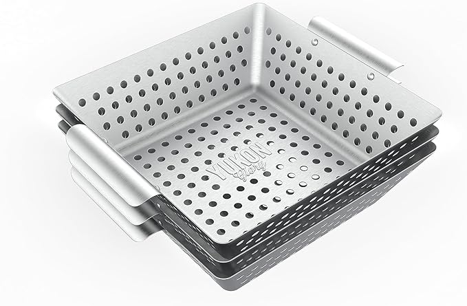 Yukon Glory™ Grilling Basket Set – 3-Piece 9x9x2 Stainless Steel Square Grill Baskets for Outdoor Grill – Perforated BBQ Grill Basket Perfect for Grilling Veggies, Seafood and Meats