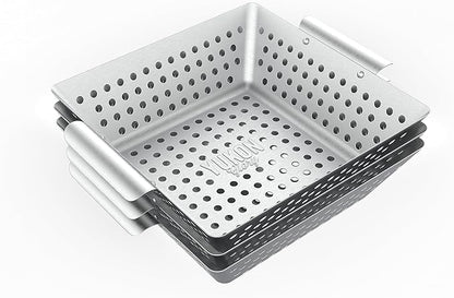 Yukon Glory™ Grilling Basket Set – 3-Piece 9x9x2 Stainless Steel Square Grill Baskets for Outdoor Grill – Perforated BBQ Grill Basket Perfect for Grilling Veggies, Seafood and Meats