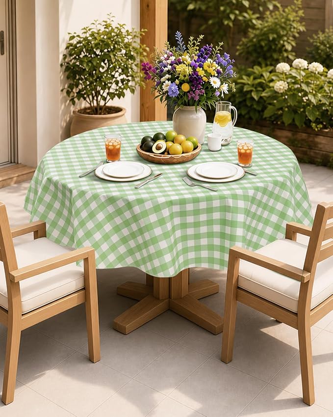 Seenus Flannel Backed Gingham Plastic Tablecloth, Waterproof & Wipe Clean Light Green Checkered Round Table Cover for Family Gathering and Patio Dining, 70 Inch Round (Fits 40-58" Tables)