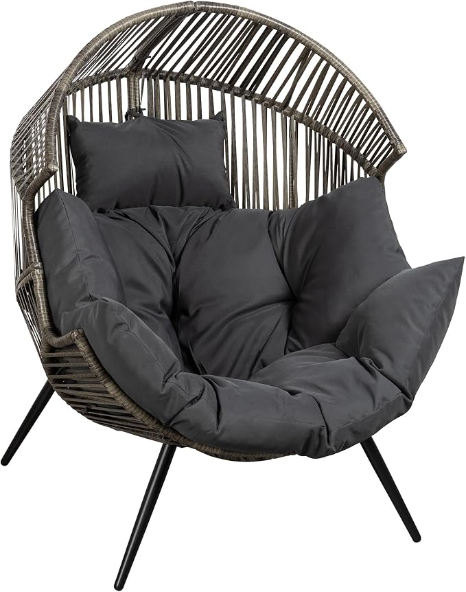 Shintenchi Wicker Egg Chair Outdoor Rattan Patio Chair with Cushion, Oversized Patio Lounge Chairs Egg Basket Chair, Egg Seat for Indoor Living Room Bedroom Outside, Deep Grey