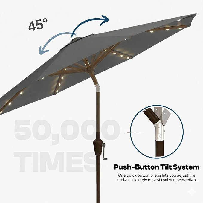 10FT Solar Lighted Patio Umbrella, Outdoor Table Market Umbrellas with Push Button Tilt and Crank, 32 LED Lights, 8 Sturdy Ribs, UV-Resistant for Deck, Garden, Pool
