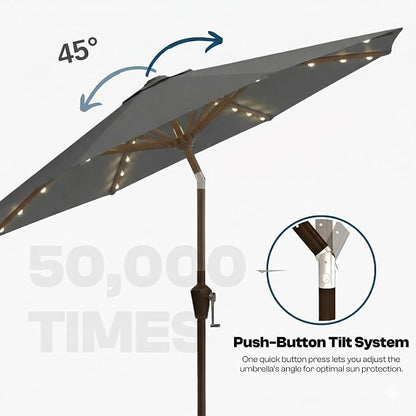 10FT Solar Lighted Patio Umbrella, Outdoor Table Market Umbrellas with Push Button Tilt and Crank, 32 LED Lights, 8 Sturdy Ribs, UV-Resistant for Deck, Garden, Pool
