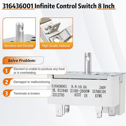 316436001/316021501 Surface Element Burner Infinite Switch,Surface Burner Control Switch Replace Parts 1155395, AP3885460, PS1145040, EAP1145040, Compatible with Frigidaire for Kenmore (8 Inch)