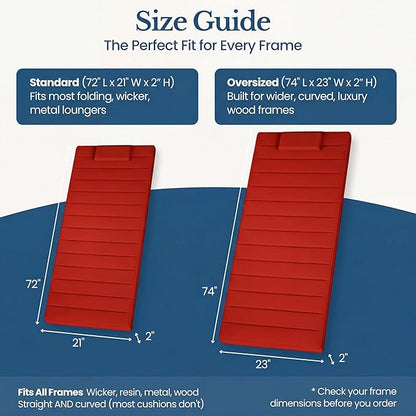 Quilted Chaise Lounge Outdoor Patio Furniture Cushions | Water-Resistant Patio Chair Cushions | Durable, High-Density Foam Outdoor Chair Cushions - Red, 72"x21" (Chair Not Included)