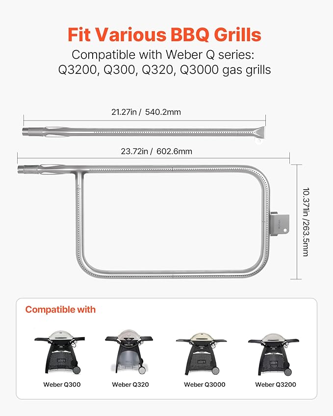 VEVOR Grill Burner Tube for Weber Q3200, Q300 (2013 & earlier), Q320, Q3000 (2014 & newer), 23.75 inch 304 Stainless Steel Tube Burner for Weber 404341, 57060001, 586002, Replacement Part 60036, 80385
