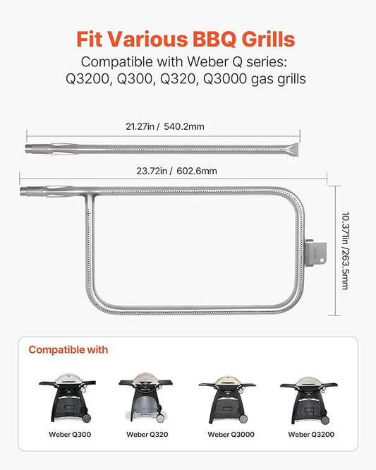 VEVOR Grill Burner Tube for Weber Q3200, Q300 (2013 & earlier), Q320, Q3000 (2014 & newer), 23.75 inch 304 Stainless Steel Tube Burner for Weber 404341, 57060001, 586002, Replacement Part 60036, 80385