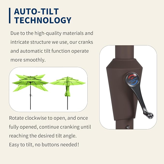 9FT 3 Tiers Patio Umbrella With Auto Tilt And Crank, Outdoor Table Market Umbrella with 8 Sturdy Ribs for Garden, Lawn, Deck, Backyard and Pool