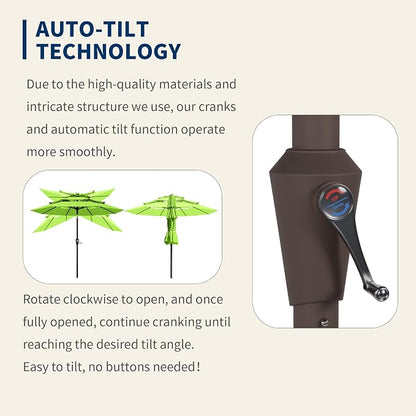 9FT 3 Tiers Patio Umbrella With Auto Tilt And Crank, Outdoor Table Market Umbrella with 8 Sturdy Ribs for Garden, Lawn, Deck, Backyard and Pool