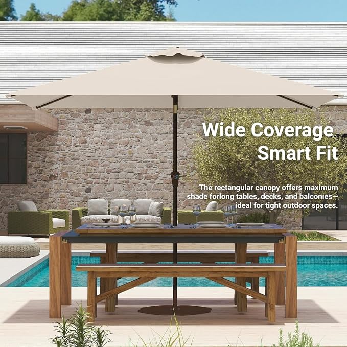 6.5' x 10' Rectangular Patio Umbrella Large Outdoor Market Umbrella w/UV Protection, Push Button Tilt and Crank Lift, Rectangle Table Umbrella for Garden, Deck, Pool, Patio, Beige