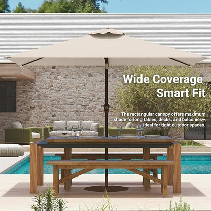 6.5' x 10' Rectangular Patio Umbrella Large Outdoor Market Umbrella w/UV Protection, Push Button Tilt and Crank Lift, Rectangle Table Umbrella for Garden, Deck, Pool, Patio, Beige