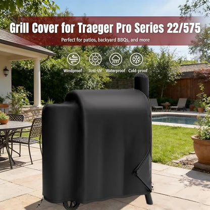 SHINESTAR Grill Cover for Traeger Pro Series 575/22, 600D Heavy Duty Waterproof Wood Pellet Smoker Cover with Zipper & Drawstring, Pellet BBQ Cover for Traeger Lil Tex Elite, Eastwood & Z Grills 550B