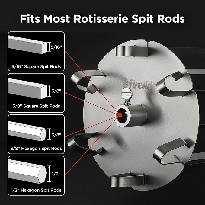 TURBRO Universal Grill Rotisserie Skewer Set, 304 Stainless Steel, Fits 1/2” or 3/8" Hexagon, 3/8" or 5/16" Square Spit Rods, Compatible with Most Grills, for Outdoor BBQ and Gatherings
