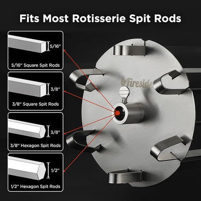TURBRO Universal Grill Rotisserie Skewer Set, 304 Stainless Steel, Fits 1/2” or 3/8" Hexagon, 3/8" or 5/16" Square Spit Rods, Compatible with Most Grills, for Outdoor BBQ and Gatherings