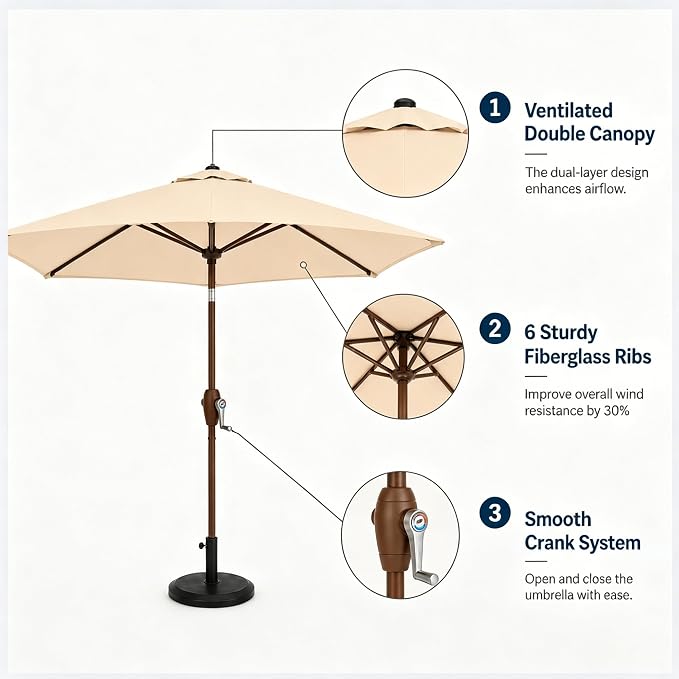 7.5ft Patio Umbrella, Outdoor Table Market Umbrella with Smooth Crank Lift, 6 Windproof Fiberglass Ribs, UPF50+ UV Protection for Deck, Pool, Garden and Backyard