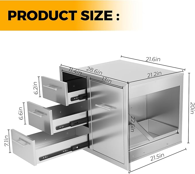 Outdoor Kitchen Drawers Combo Stainless Steel Flush Mount Outdoor Kitchen Cabinets Triple Drawer and Trash Drawer Combo for Outdoor Kitchens & BBQ Islands 28.6" W x 22.6" H x 21.5" D