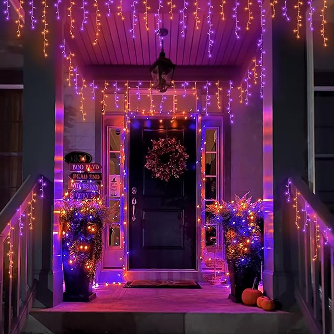 YEGUO 33ft 400 LED Orange and Purple Icicle Halloween Lights, 80 Drops Icicle Lights Connectable, 8 Modes Icicle Christmas Light with Memory Timer