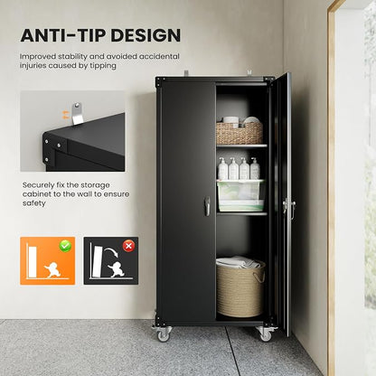 DUMOS 72 Inch Garage Storage Cabinet, Tool Organizer, Lockable File Cabinet | Tall Rolling Metal Steel Frame Storage with Lockable Wheels and Adjustable Shelves, Fits Home Office Warehouse, Black