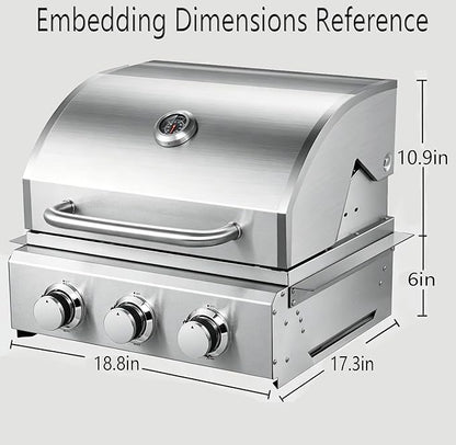 3-Burner Built-In Grill, Stainless Steel Propane Grill with Drawer-Style Oil Drip Tray, 30,000 BTU for Patio Backyard Parties Barbecue