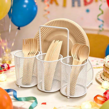 Silverware Organizer Utensil Caddy - 4 Compartment Metal Cutlery Holder Flatware Storage Basket Fork Spoon Napkin Paper Plate Kitchen Countertop Party Picnic Camping Buffet Outdoor (White)