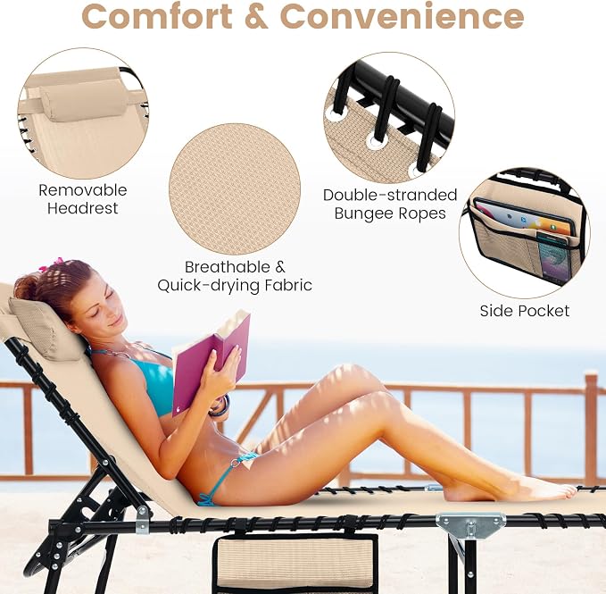 Tangkula Beach Lounge Chair for Outside, Folding Chaise Lounge Outdoor with 4-Position Backrest, Removable Headrest and Side Pocket, Portable Sunbathing Tanning Chair for Patio, Poolside (1, Beige)