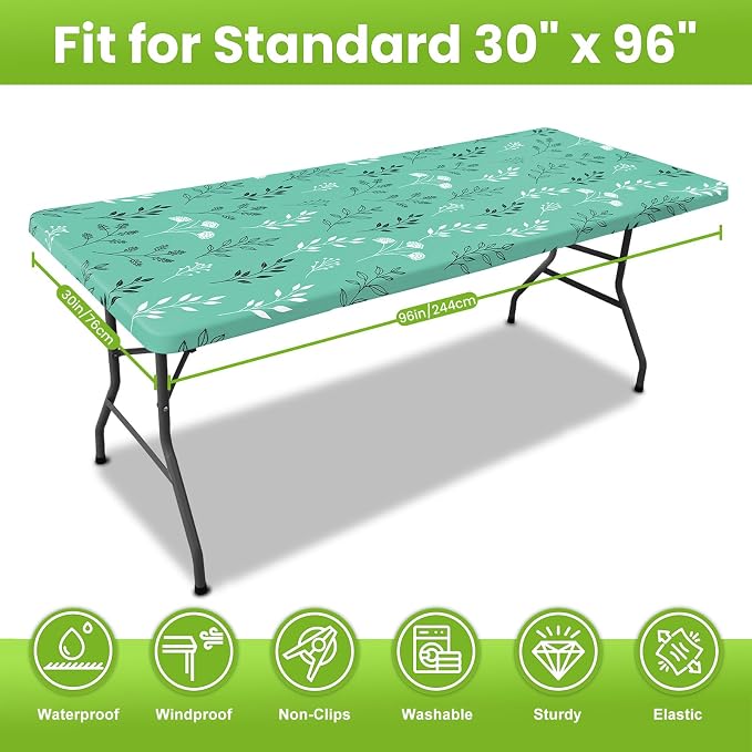 Smiry Spandex Fitted Tablecloth for 8 Foot Rectangle Tables, Washable Picnic Table Cover with Elastic, Stretch Reusable Table Cloth for Outdoor, Camping, Dining & Kitchen (Sage Green Leaf, 30"x96")