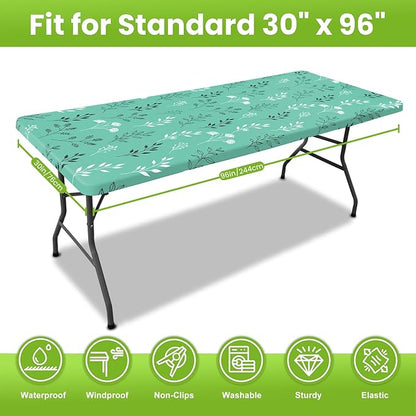 Smiry Spandex Fitted Tablecloth for 8 Foot Rectangle Tables, Washable Picnic Table Cover with Elastic, Stretch Reusable Table Cloth for Outdoor, Camping, Dining & Kitchen (Sage Green Leaf, 30"x96")