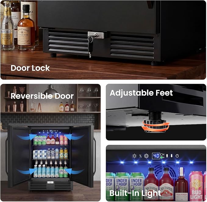 24 Inch Wide Under Counter Beverage Refrigerator, 210 Cans Large Capacity Drink Cooler, Freestanding & Built-in Beer Wine Soda Fridge with LED Light, for Home Kitchen Bar Office Outdoor Patio Black