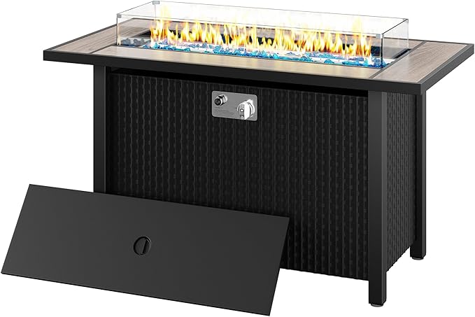 45 Inch Propane Fire Pit Table, 50,000 BTU Outdoor Gas Fire Pit for Patio & Backyard, 2-in-1 Firepit Dining Table with Glass Wind Guard, Blue Glass Rocks & Waterproof Cover, Walnut