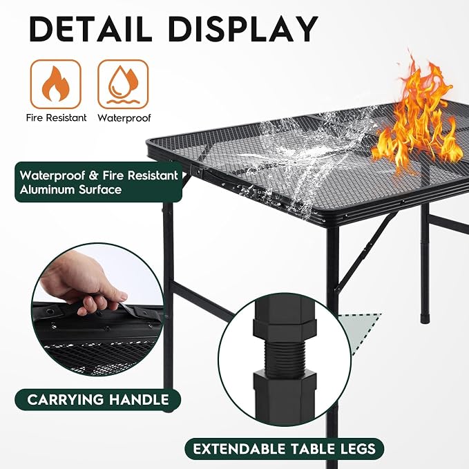 WildFinder Folding Grill Table, 3x2 FT Portable Camping Table, Foldable | 3 Adjustable Height Max 27.5" Grill Tables for Outside with Mesh Bag, Outdoor table for Camping, Picnic, BBQ, Beach, Patio