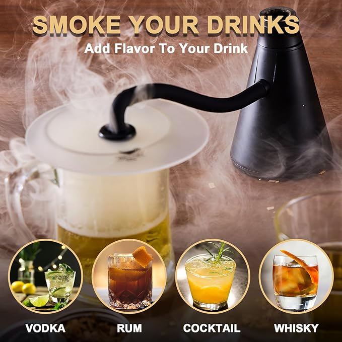 Smoke Gun Cocktail Smoker Kit - Complete Cocktail Smoker Kit with 4 Wood Flavors, Accessories, and Brush - Perfect Drink Smoker Kit for Infusing Flavor into Cocktail (Black(Dome not included))