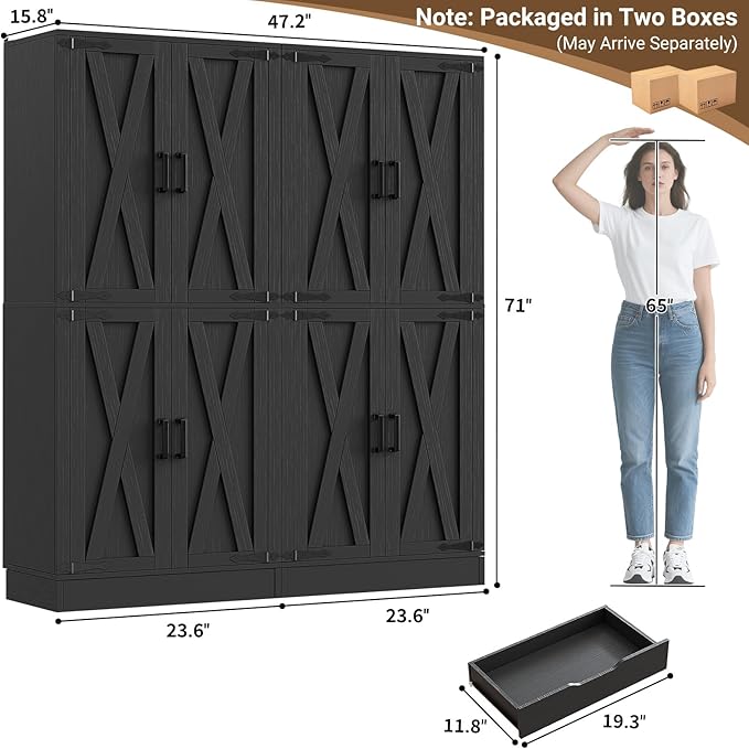 Unikito 71" Tall Kitchen Pantry Cabinet with Farmhouse Barn Doors and Storage Drawer, 4 Adjustable Shelves, Freestanding Cupboard for Kitchen, Dining Room, Living Room, Utility Room, Black 2 Pack