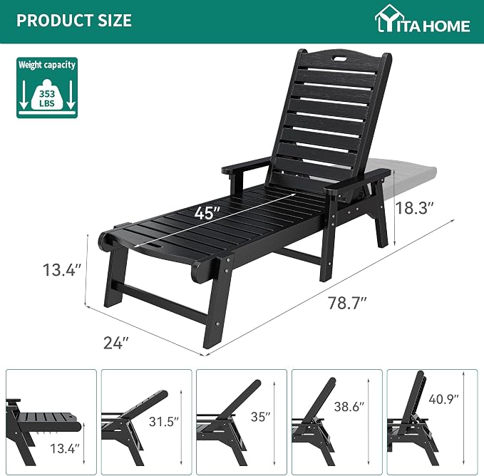 YITAHOME Outdoor Chaise Lounge Chair with Adjustable Backrest, Heavy Duty Resin Patio Lounger with Wide Armrest and 350lbs Capacity for Outside Poolside Beach Backyard, Waterproof, Black