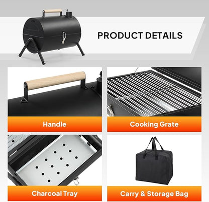 15in Portable Charcoal Grills,Tabletop Barbecue Grill,Outdoor BBQ Grill Stove,Commercial Metal Camping Charcoal Grills,with Carry Bag,for Patio, Hiking, Picnic, Beach, Backyard (Black-A)