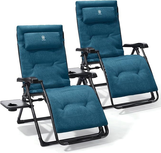 EVER ADVANCED Aluminum Zero Gravity Chair Oversized, Thick Padded Reclining Lounge Chair with Adjustable Headrest & Side Table, Heavy Duty Support 350 lbs, Foldable for Outdoor & Indoor, Green-2 Pack