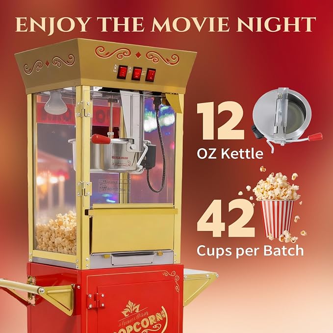 12Oz Nostalgia Popcorn Maker Machine Professional Cart, Vintage Popcorn Machine with 4 Cups & 1 Scoop, Movie Theater Style, Red