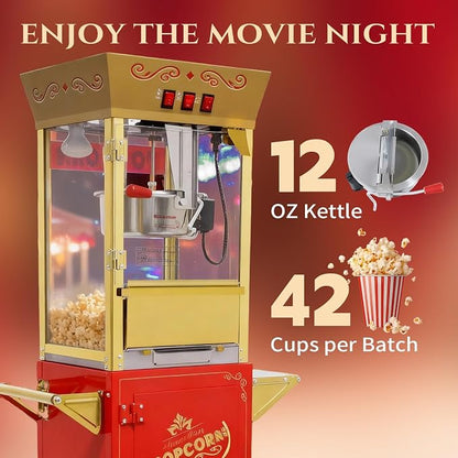 12Oz Nostalgia Popcorn Maker Machine Professional Cart, Vintage Popcorn Machine with 4 Cups & 1 Scoop, Movie Theater Style, Red