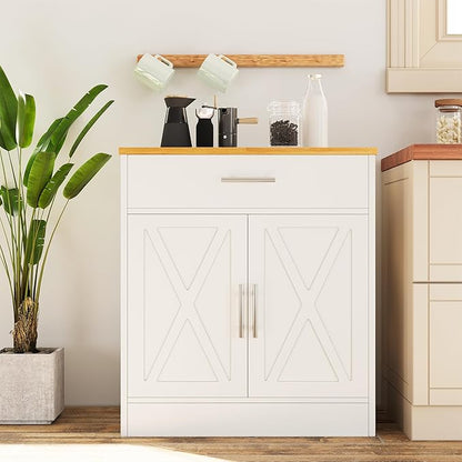 Vongrasig Farmhouse Coffee Bar Cabinet, Small Sideboard Buffet with Storage, Modern Kitchen Storage Cabinet with 1 Drawer and 2 Doors for Kitchen, Dining Room, White