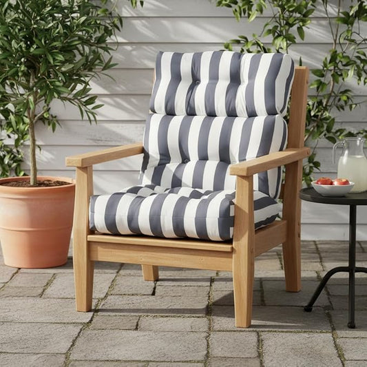 Outdoor Tufted High-Back Chair Cushions, One-Piece Hinged Seat and Back Design, Reversible with 4 Ties, Durable Polyester Fabric, Recycled Fiber Fill - Single, Canopy Stripe Gray