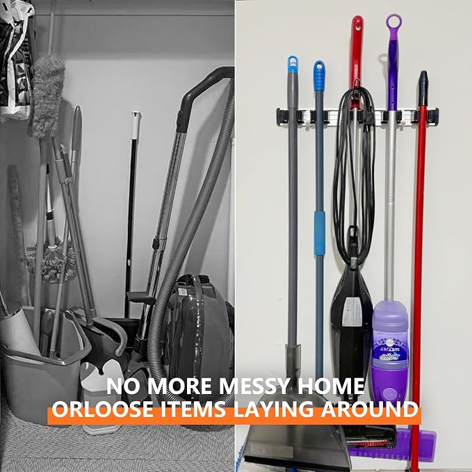 reliahom Broom Holder Wall Mount Mop Hanger Tools organizer 4Racks 5Hooks | Adjustable Mop Broom Wall Hanging Heavy duty Tools Storage Rack Space-saving for Garage,Kitchen,Laundry Room,Garden, Black